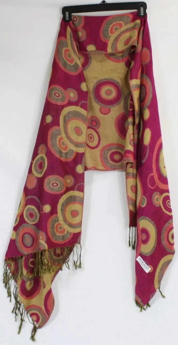 Vintage Y2K Pashmina Silk Scarf Wrap Pink Abstract Circles Fringe 60x28